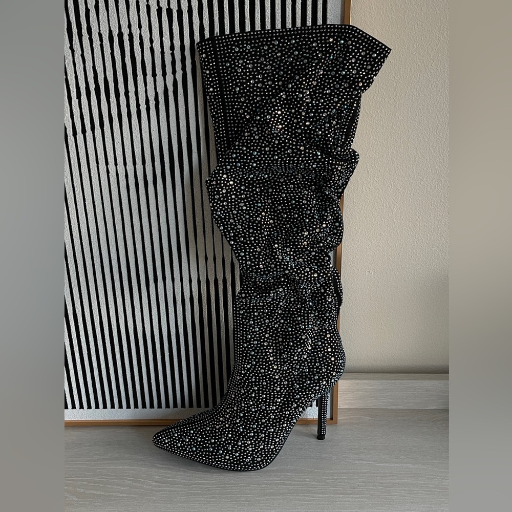 Classic Women Rhinestone Decor Point Toe Boots Stiletto Heels, 39